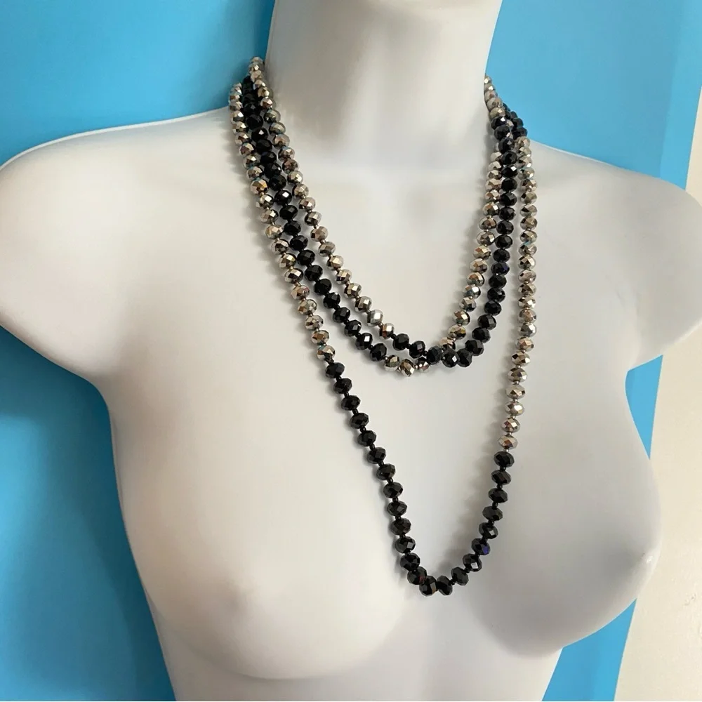 Glass Beads Necklace Faceted Black & Hematite Colored Beads Long Over-The-Head